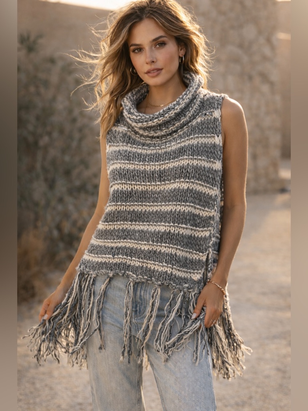 Free People Fringe Knit Sweater Vest S/P Boho Chunky Cowl Neck Tassel Hem A10
